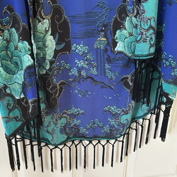 Chicos Open Wrap Top Asian Inspired Art to Wear SZ 1 Boho Blue Colorful Glam 90s - Picture 6 of 13